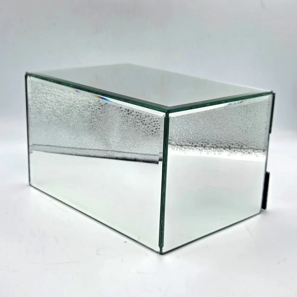 Mirrored Glass Jewelry Box 3 Drawer Black Velvet Lined 9x6x5.5